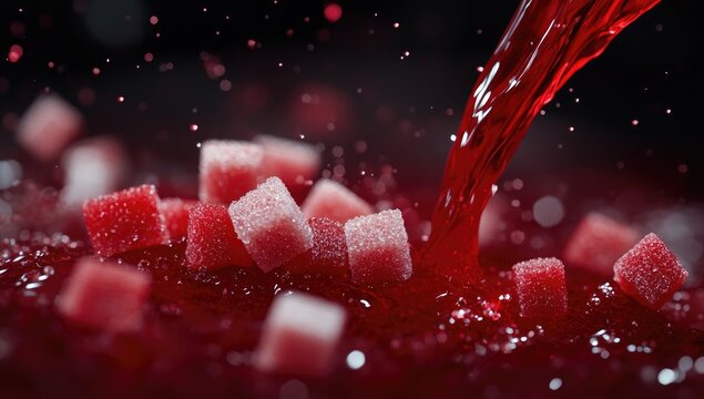 Red liquid pours over sugar cubes
