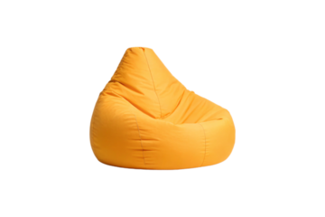 Orange bean bag chair in solid color with soft fabric construction and ergonomic lounge design, isolated on a transparent background