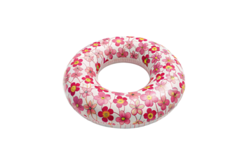 Pink floral swim ring featuring small scattered flowers in various pink shades, isolated on a transparent background