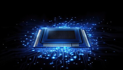 High-tech CPU, glowing blue circuitry on black background