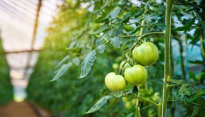 green tomato growing on the vine in a greenhouse