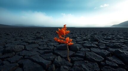 A vibrant orange tree stands alone amidst a desolate landscape of cracked earth under a cloudy sky view