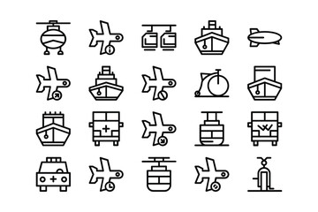 Commercial Vehicles Line Icon Set Vector Pictograms of Container Pallet Forklift Plane Drone Helicopter Ship Train Cargo Truck Warehouse Thin Linear Illustrations
