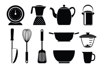 A collection of black silhouette kitchen utensils and cookware including a scale coffee maker teapot milk can knife whisk spatula pots bowl and measuring cup