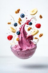 Delicious Fruit Smoothie Bowl with Flying Toppings A Healthy Breakfast or Snack Concept