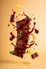 BBQ Ribs in Mid-Air A Delectable Culinary Still Life with Corn and Herbs for a Delicious Food Concept