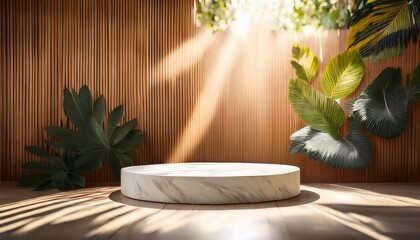 luxurious stonemarble pedestal basks in foliage gobo sunlight wooden rod backdrop adds depth and elegance ideal for premium product showcases and sophisticated designs