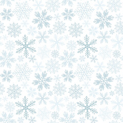 Seamless winter pattern with blue geometric snowflakes. Flat vector festive Background. Ideal for wrapping paper, holiday decor, textile print, packaging, greeting cards, fabric, banner, wallpaper
