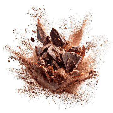 Explosion of dark chocolate chunks and cocoa powder isolated on transparent background