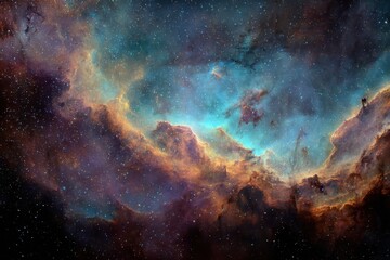 Fototapeta premium Cosmic tapestry. Vibrant nebula clouds. Orange, blue, purple, and black celestial dust
