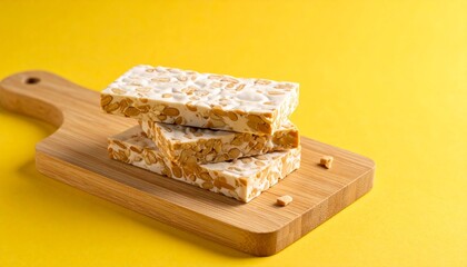 Stack of Raw Tempeh on Yellow Background