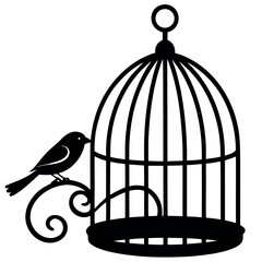 Elegant delicate birdcage illustration rendered in thin black lines