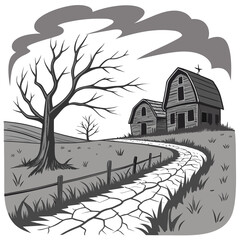 A stark monochromatic illustration depicts a desolate rural landscape with a winding cracked stone path leading to two weathered wooden barns under a dramatic cloudy sky