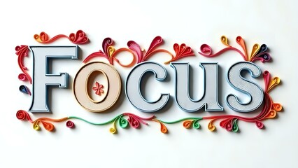 Ai generated image of the word focus is elegantly formed with silver and grey quilled paper letters and colorful decorative elements isolated on white background