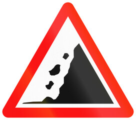 Chinese warning road sign used in Macau - Falling rocks