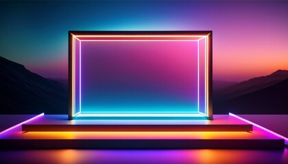 vibrant neon glowing frame on dark showcase platform against colorful gradient background for modern presentations and creative projects
