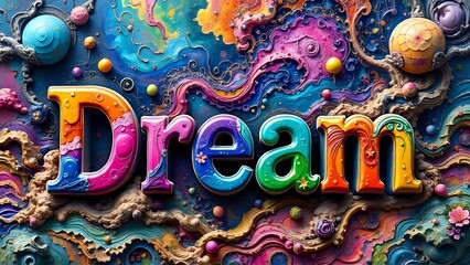 Ai generated image of the word dream in bold colorful letters against a vibrant abstract textured background with swirling patterns