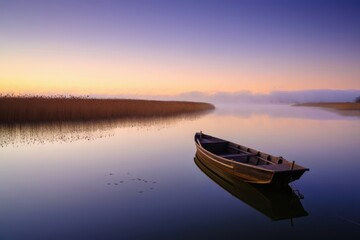 Serene Morning Reflection Boat on Calm Waters at Sunrise