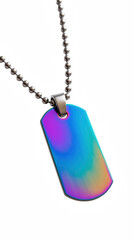 Fototapeta premium Vibrant dog tag pendant with metallic finish, hanging from silver ball chain, showcases blend of blue and purple hues, creating striking visual