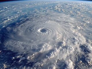 a large hurricane as seen from above, with a well-defined eye at the center and swirling clouds. The surrounding area features scattered clouds over the ocean.