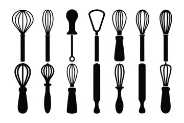 Collection of silhouetted kitchen utensils including whisks rolling pins and spatulas on a white background