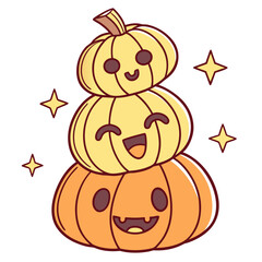 Adorable kawaii stacked pumpkins with happy faces and sparkling stars perfect for halloween celebrations and festive autumn designs