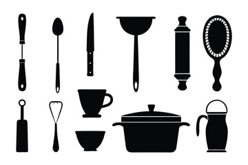 Kitchen Utensils: A collection of essential kitchen tools, including various instruments such as knives and spoons in a monochrome design, conveying both simplicity and functionality.