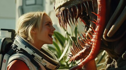 Astronaut encounters alien plant based creature with sharp teeth and a long, spiky appendage in an otherworldly landscape, with a mix of excitement and fear.