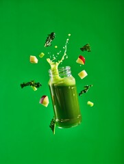 Refreshing Green Juice Splash Apple and Kale Blend in a Bottle for Healthy Living and Wellness.