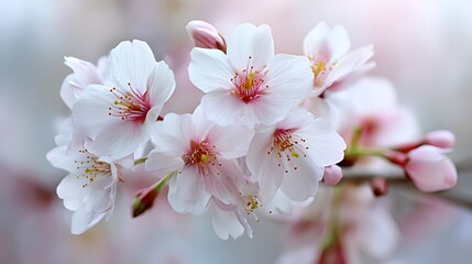 Delicate Cherry Blossoms in Springtime, Close-up of beautiful cherry blossoms in full bloom, showcasing soft pinks and whites.