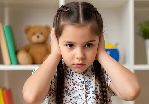 Autistic Child Girl Covering Ears in Therapy Room Video Footage Scene Showing Sensory Overload and Distress