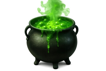 Black cauldron with bubbling green potion and smoke, set against a transparent background, evoking a magical and mystical atmosphere