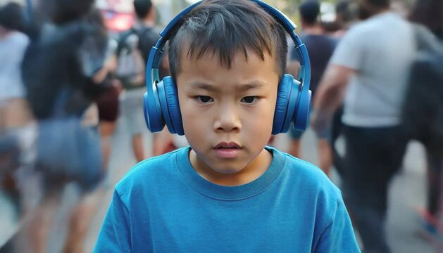Autistic Child Boy Covering Ears in Busy City Video Footage Scene Showing Sensory Overload and Anxiety - Powered by Adobe