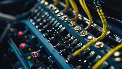 Close-up of a control panel with numerous buttons, switches, and wiring