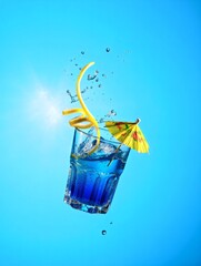Refreshing Blue Cocktail with a Citrus Twist and Umbrella Garnish on a bright background.