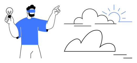 Man wearing virtual reality glasses holding a lightbulb and pointing, symbolizing technology, innovation, and creativity. Ideal for technology, innovation, creativity, future, vision VR simple flat