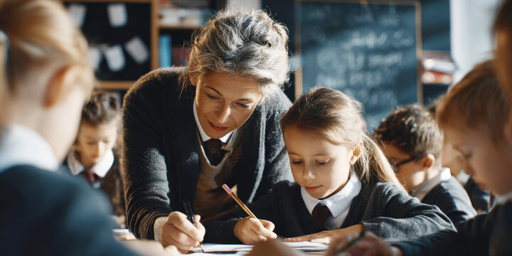 Female teacher provides individual attention, guidance to young female student, both dressed in school uniforms, as they engage in a lesson within classroom setting, emphasizing personalized education