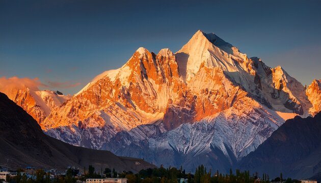 majestic mountain bathed in sunrise glow with gilgit town rakaposhi is a mountain within the karakoram range in gilgit baltistan in pakistan
