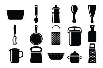 A collection of black silhouette icons representing various kitchen utensils and cookware arranged on a white background