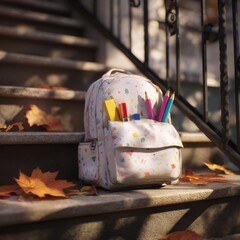 Cute backpack with school supplies spilling out, placed on stairs of school entrance, autumn leaves around, early morning light