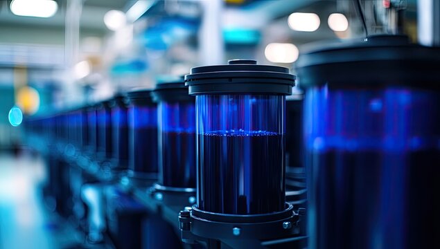 Close-up of industrial processing cylinders.  Rows of clear glass cylinders, filled with vibrant blue liquid, are seen in a manufacturing setting.  Dark, black plastic tops and bases are prominent