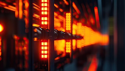 Close-up of glowing, orange-red lights on a dark, metallic server array