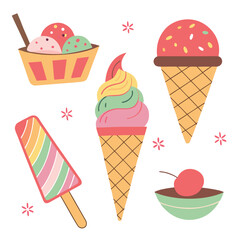 Collection of five distinctly designed ice cream cones and cups