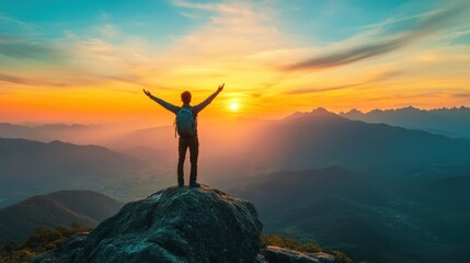 A person stands triumphantly on a rocky peak at sunrise, overlooking vast mountain ranges under a colorful sky.