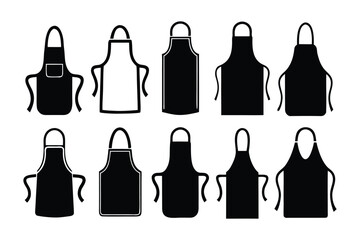Collection of black silhouette icons representing various styles of aprons showcasing different designs for culinary and protective wear