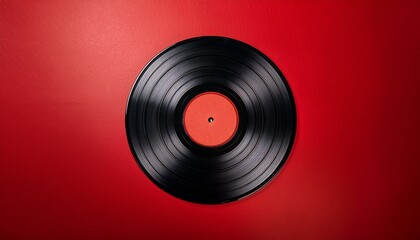 Fototapeta premium vintage black vinyl record on a vibrant red background perfect for music and retro themed designs