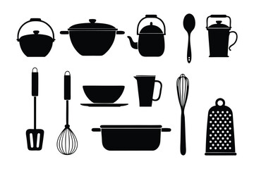 Kitchen Essentials Silhouettes: A collection of essential kitchen tools, meticulously silhouetted in black, offering a clean and classic aesthetic. Perfect for culinary projects and design.