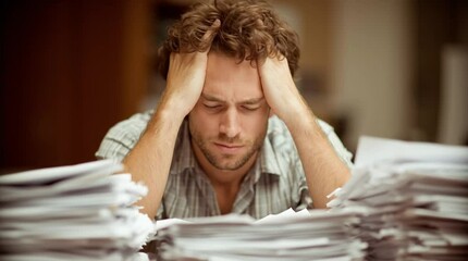 Man stressed by paperwork pressure and office frustration headache causing intense stress - Powered by Adobe