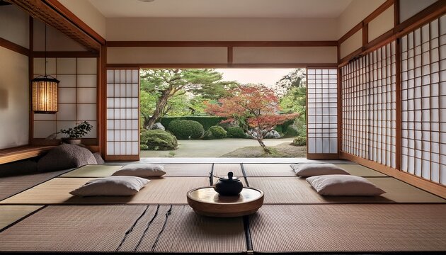 modern tea room with tatami mats and cushions overlooking a zen garden