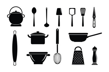 Collection of black silhouette kitchen utensils including pots pans spoons whisks spatulas and a grater